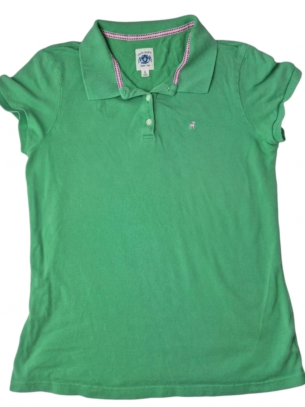 Vintage Y2K Old Navy Green Pique Polo Pink Deer Embroidery L